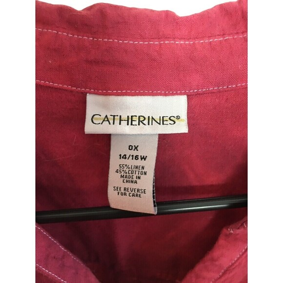 Catherines Top Women's Size 0X 14 / 16 Red Button Down 3/4 Sleeve Linen Cotton - Picture 8 of 8